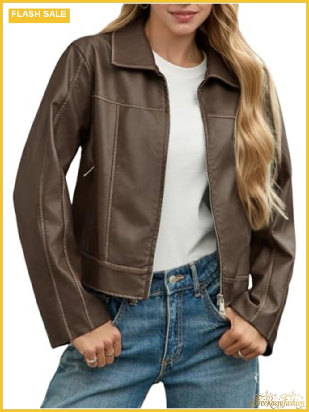 Faux Leather Moto Jacket Zip Up Cropped Biker Coat with Pockets